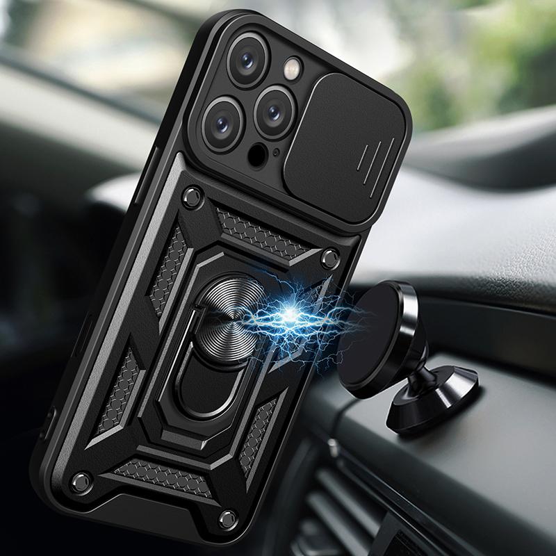 iPhone 16 Pro Max Plus Shockproof Armor Case Car Magnetic Ring Holder Phone Cover Durable Protective Case with Stand Feature
