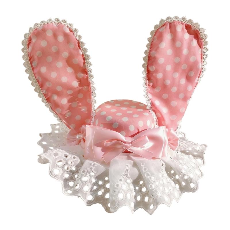

Rabbits Ear Bowknot Dotted Hair Clip For Women Girl With Lace Trim Design Perfect For Anime Cosplay And Holiday Parties розовый