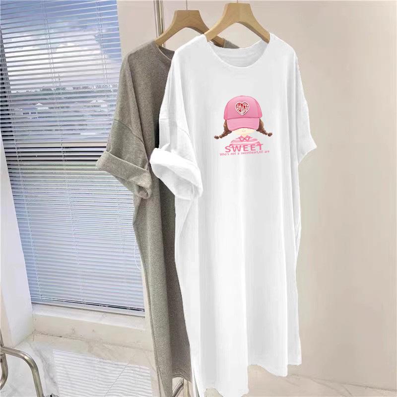 Koreanisches Sommer Casual Übergröße Midilanges Kurzarm T-Shirt Kleid