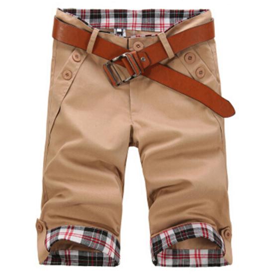 Summer Beach Casual Men Plaid Patchwork Turn Up Cuff Shorts Fifth Pants Trousers