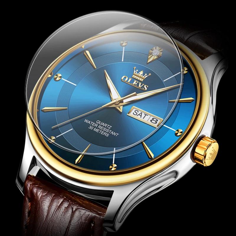 OLEVS Brand Fashion Quartz Watch Men Leather Strap Waterproof Luminous Week Date Business Mens Watches