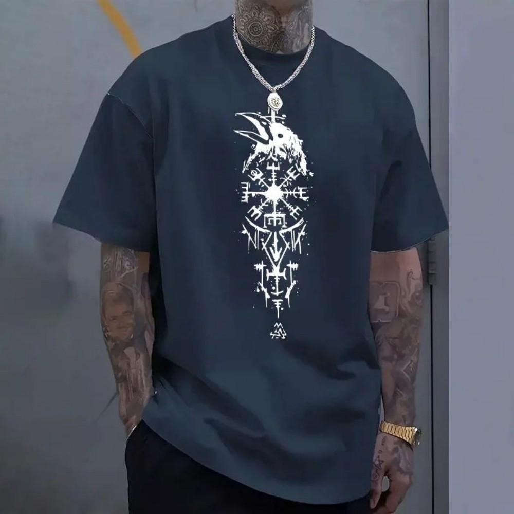 

European and American Men s Summer Fashion Totem Crow Print Comfortable and Breathable Round Neck T-shirt Outdoor Casual Top S