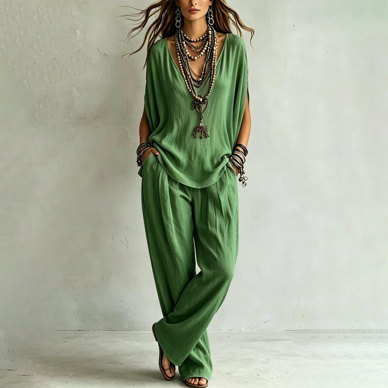 

Women V Neck Batwing Sleeve Top and Loose Fit Long Pants Two Piece Set Casual Summer Outfit Lightweight Soft Fabric XXL зелёный