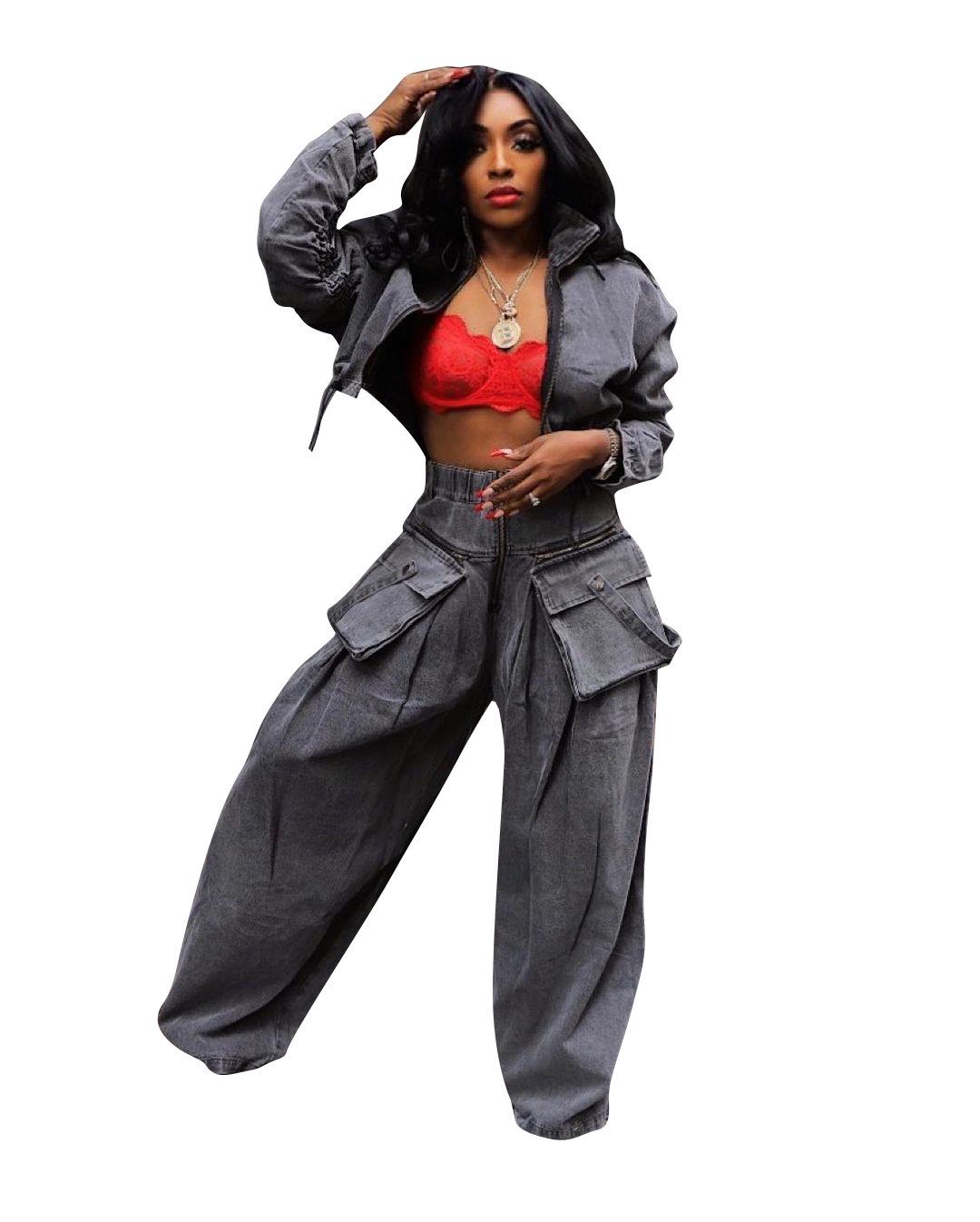 

TS1288 Женский повседневный свободный джинсовый костюм в европейском и американском стиле XXL серый