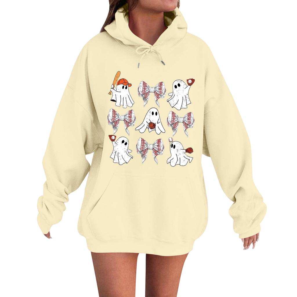 Women's Casual Fashion Comfortable Round Neck With Hood Long Sleeve Halloween Print Warm Sweatshirt