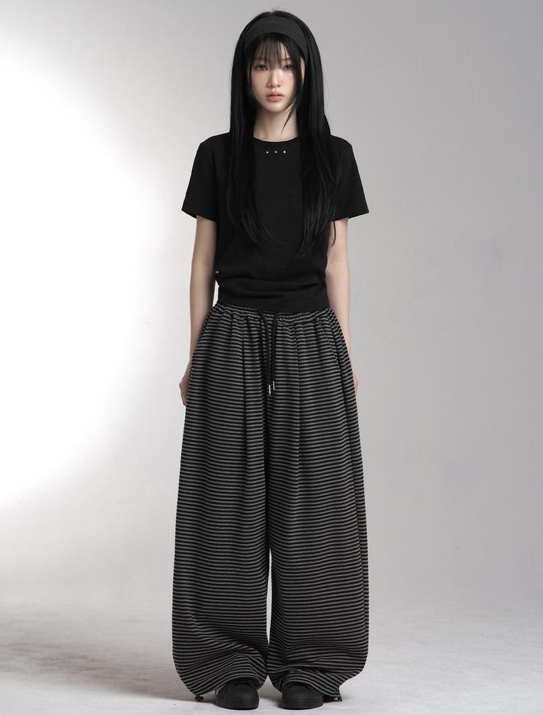 Lupeu Striped Pintuck Wide Long Pants Black