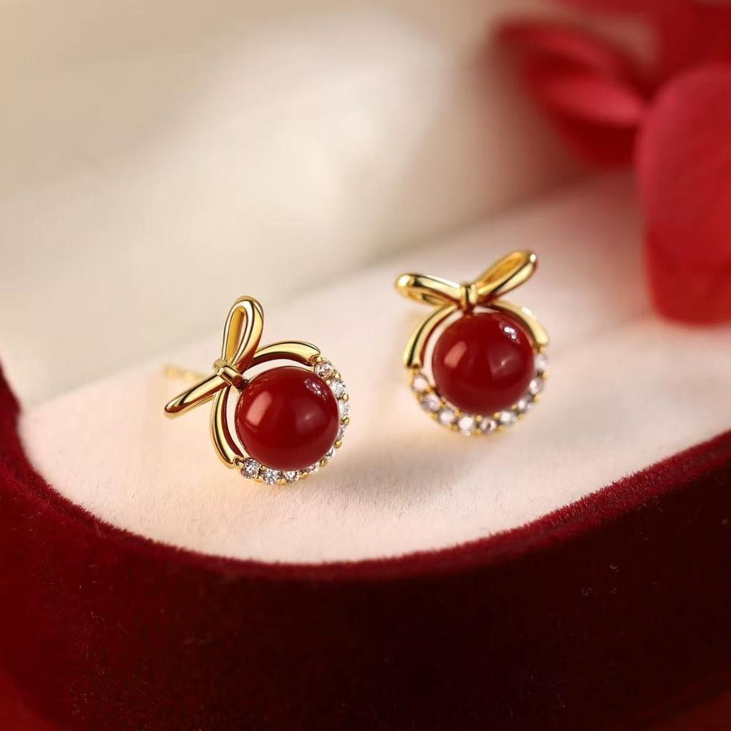 Cute Bow Red Bead Stud Earrings for Women, Shiny Zircon Halo Red Pearl Earrings Fashion Jewelry