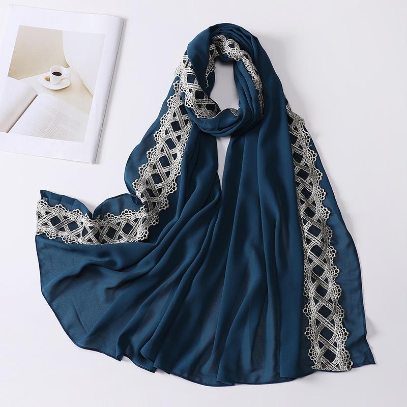 Muslim Women Chiffon Scarves with Lace Side Embroidered Chiffon Hijabs Lace Plain Hijab Patches Decoration