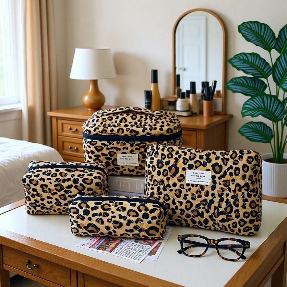 Ins Style Quilted Cotton Handheld Makeup Bag Large Capacity Zipper Closure Toiletry Bag Portable Leopard Print Handbag Gift