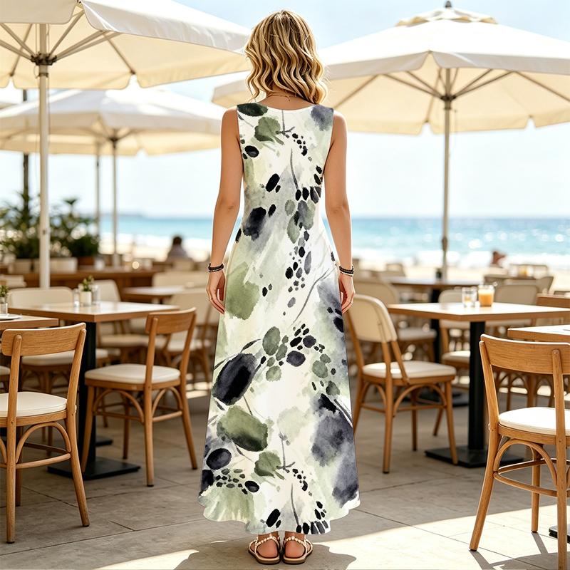 U Neck Ink Wash Design Lightweight Loose Fit Maxi Dress Flared Hem Tummy Control,Versatile for Urban Casual,Daily Wear & Vacation