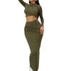 2024 Summer Women's Round Neck Long Sleeve Crop Top & Skirt Two-Piece Set