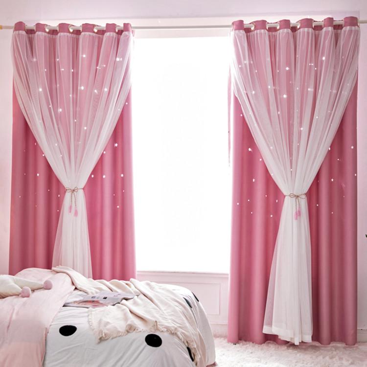 Double Layers Romantic Sheer Kids Children Girls Curtains with Hollow Out Stars for Living Room Bedroom Windows Drapes