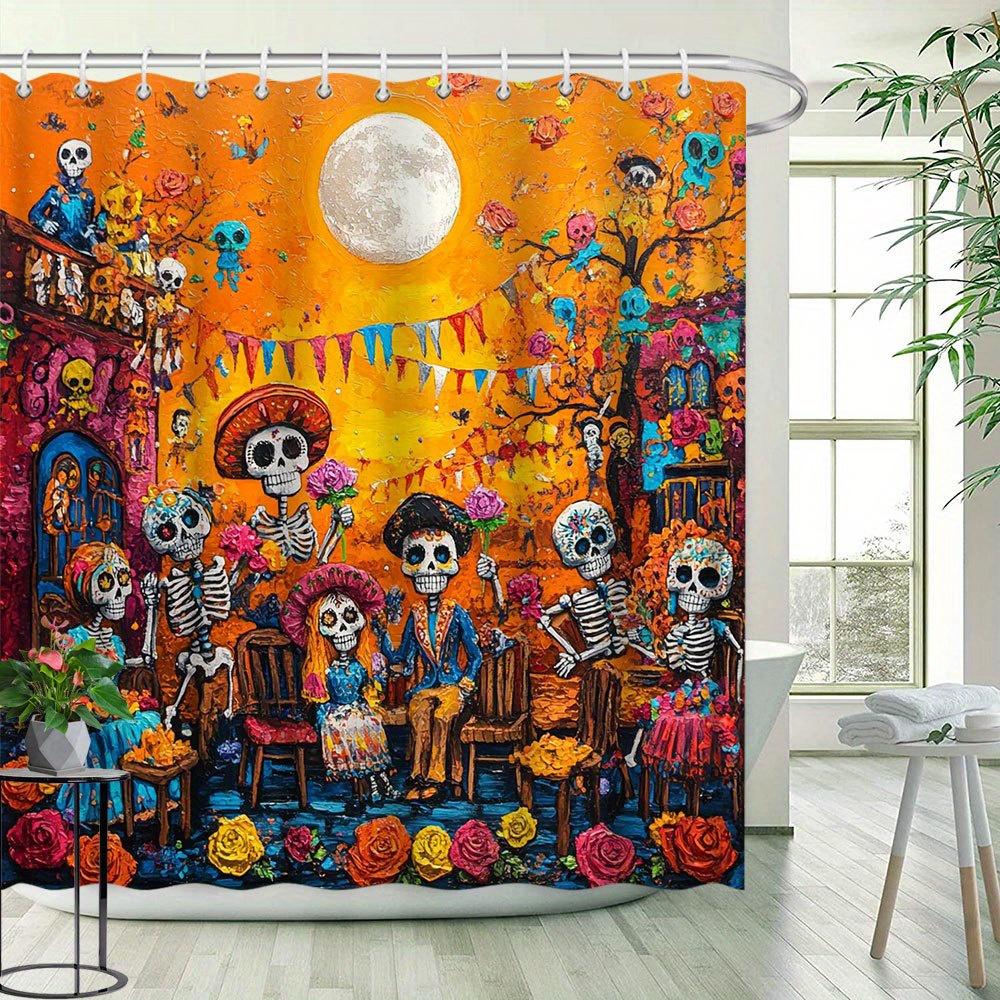 Day Of The Dead Couple Shower Curtain - Vibrant Mexican Folk Art With Skeletons In Floral Skirts, Sombreros & Mariachi Band
