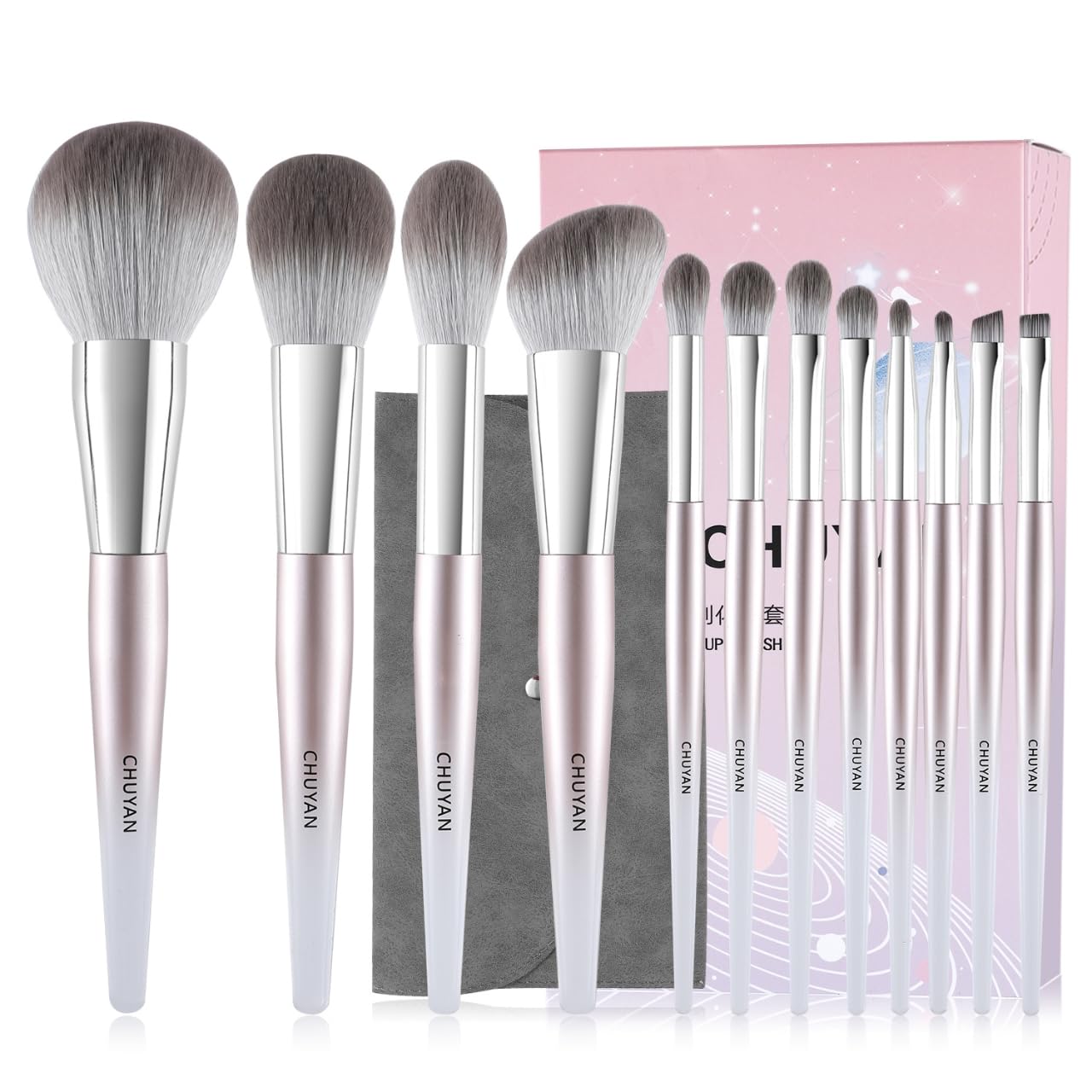 

Набор кистей для макияжа CHUYAN Набор из 12 кистей для макияжа с косметичкой Кисть для хайлайтера Кисть для теней Милая кисть для макияжа Нос Набор кистей для макияжа
