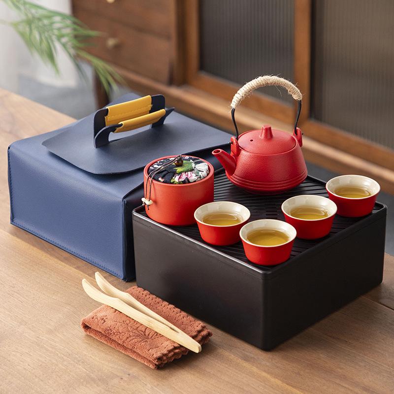 Japanese-style black pottery outdoor portable travel tea set, beam pot, dry tea tray, business company gift