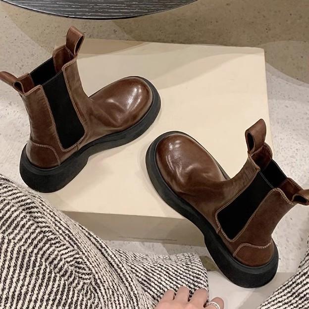 Grape Mom Western Chelsea Cigarette Boots Women's Retro Washed Medium Tube Elastic Boots Small Thick-soled Height Boots