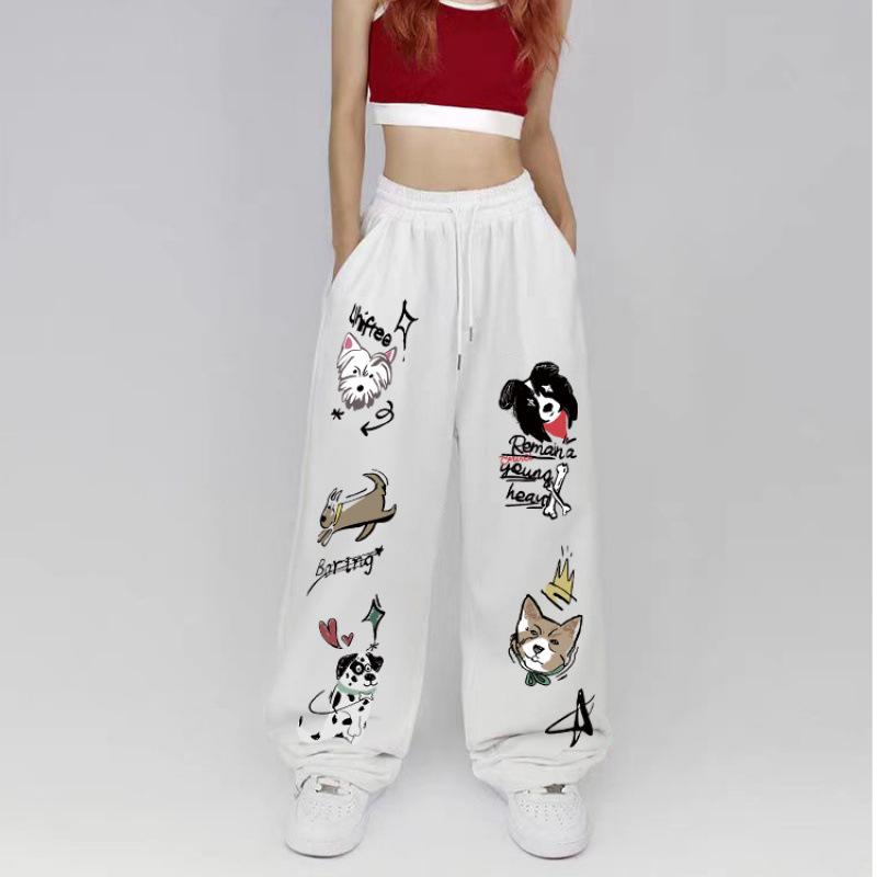 Trendy Women's High-Waist Loose Fit Puppy Casual Sweatpants for Spring & Autumn, Straight Leg American Mop Style.