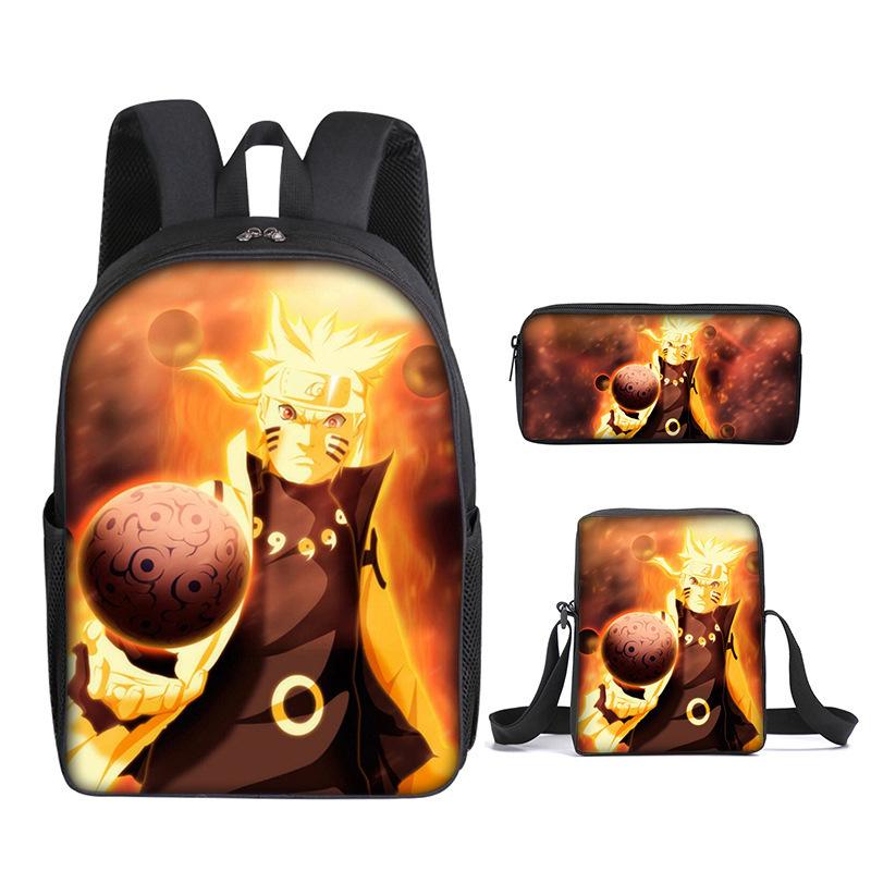 Naruto Naruto Rucksack Dreiteiliges Set, Schulranzen für Grund- und Sekundarschule, Umhängetasche, Messenger Bag, Federmäppchen.