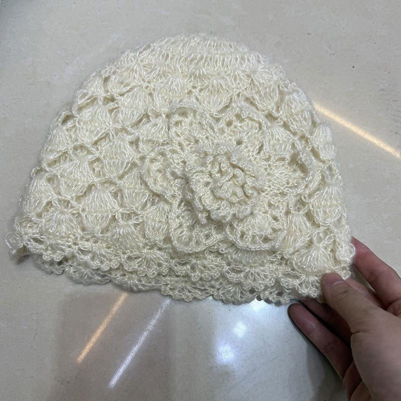 Autumn and winter double-layer handmade crochet three-dimensional flower versatile warm mohair headgear fashion woven hat women
