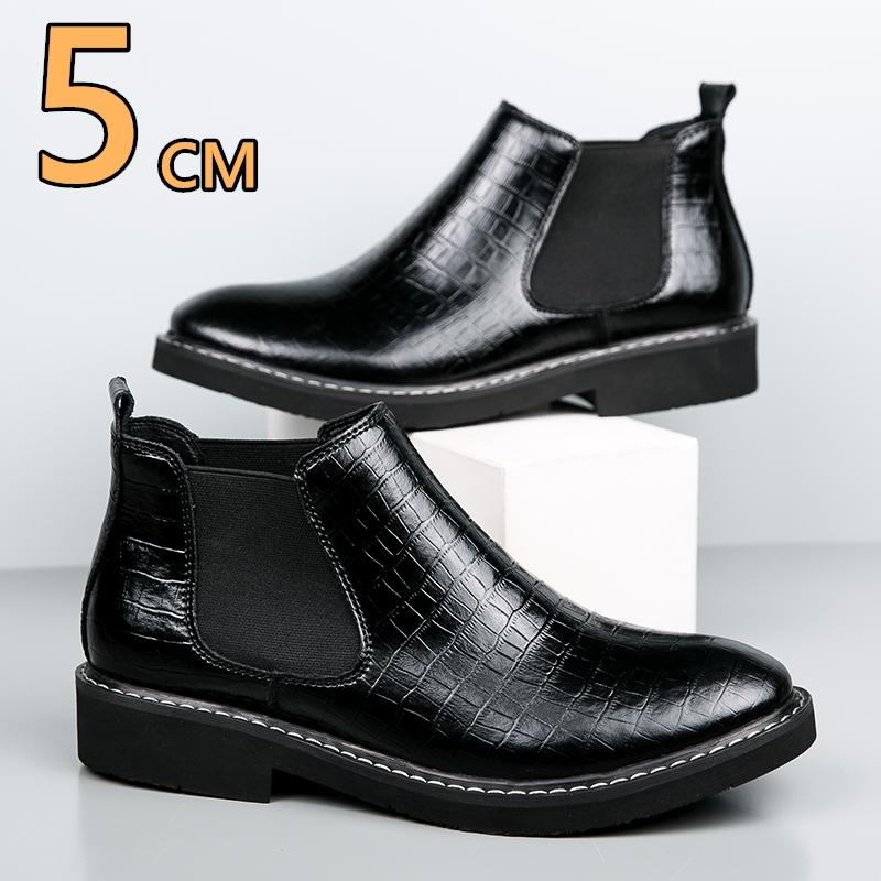 Fashion Men Plus Size 48 Genuine Leather Snake Print Elevator Chelsea Boots Mid-Calf Pointed Toe Ankle Boots 5CM Height Increasing Boots