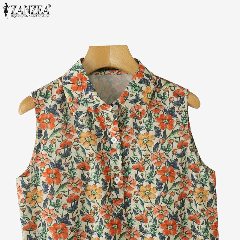 ZANZEA Women Casual Turn Down Collar Summer Floral Print Sleeveless Blouse