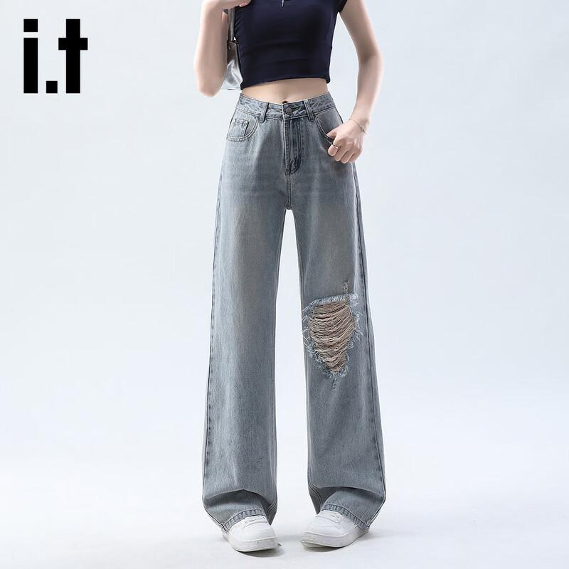 

Женские джинсы из выбеленного денима с высокой талией, широкими штанинами и эффектом потертости XL