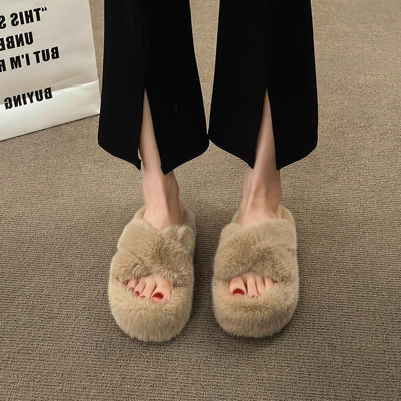 6Cm Thick-bottomed Crossed Fluffy Slippers Women's 2025 Autumn and Winter New Korean Version Fashionable Versatile Warm Plush Cotton Mop