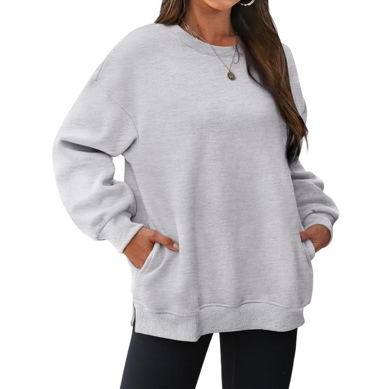 Fleece thickened pocket sweater women, loose round neck clothes in autumn and winter