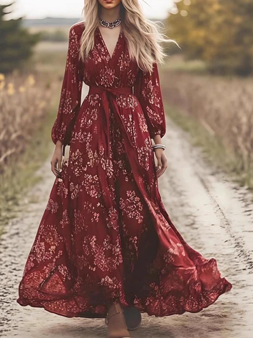 Women s V-Neck Long Sleeve Slim Fit Belted Dress - Printed Vacation Style XL красный