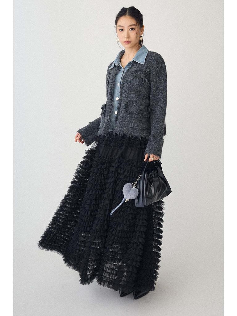 Elegant A-line Ruffle Lace Maxi Skirt - Versatile Puffy Long Hem Design