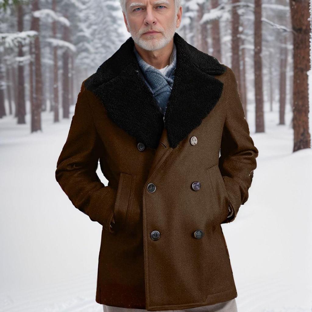 Men's Slim Fit Double-Breasted Wool Coat with Cashmere Fur Collar - European Sizes for Autumn/Winter