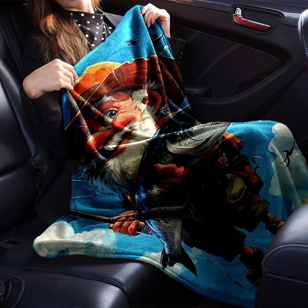 Cartoon Fisher Gnome Big Salmon Print Flannel Blanket Soft Warm Throw Blanket Nature Hobby Sofa Bed Home Decor