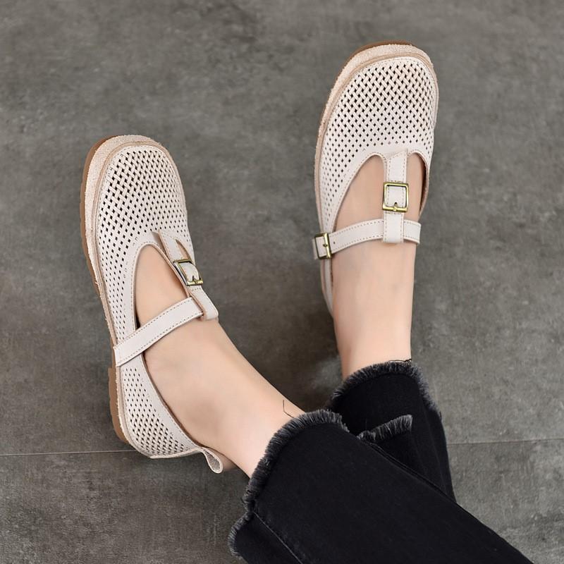 Johnature Retro Genuine Leather Soft Soled Hollow-out Sandals Round Toe Belt Buckle Flat Women's Shoes