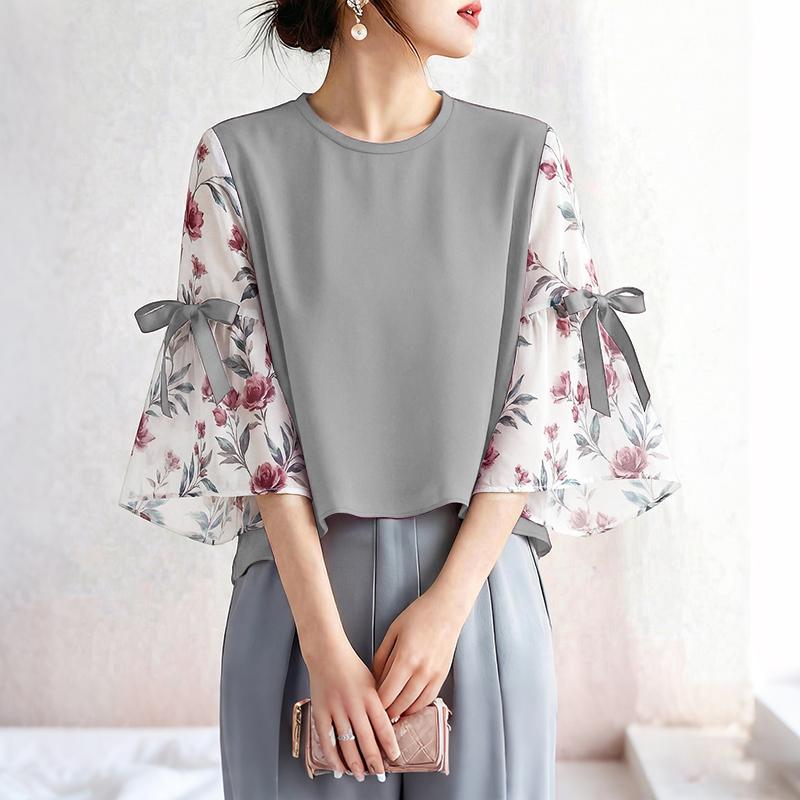 ZANZEA Damska casualowa luźna bluzka z okrągłym dekoltem, nadrukiem i wstawkami, rękaw 3/4