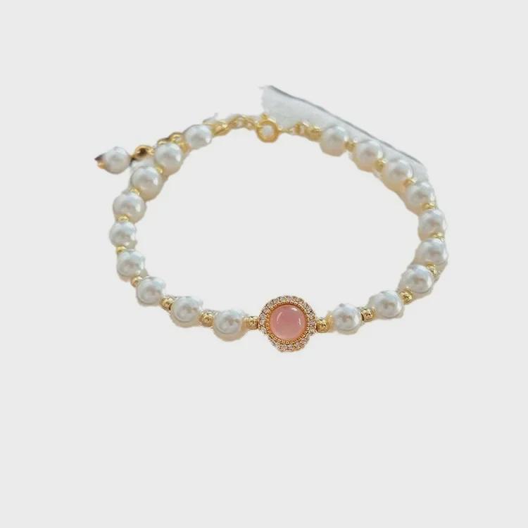 S925 Silver Pink Chalcedony and Pearl Jewelry Set: Bracelet, Necklace, Ring, Earrings - Perfect Gift for Girlfriends & Besties