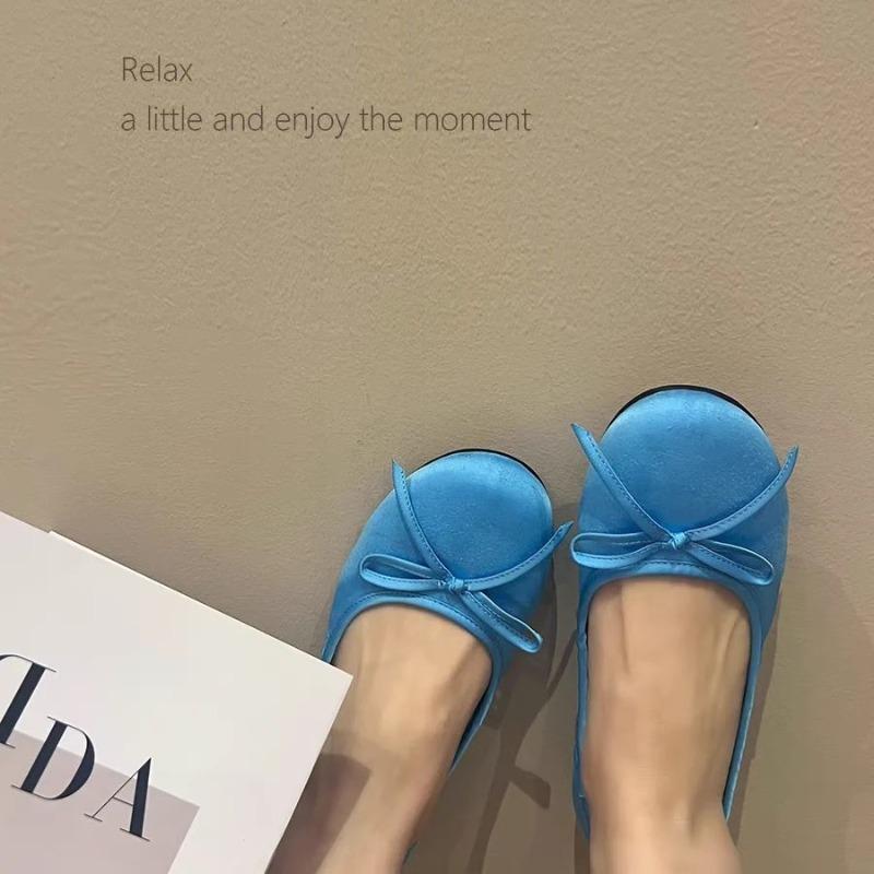 Silk Bow Ballet Shoes Women's Round Head Light Mouth Flat Bottom One Pedal Soft Sole Silver Mary Jane Shoes