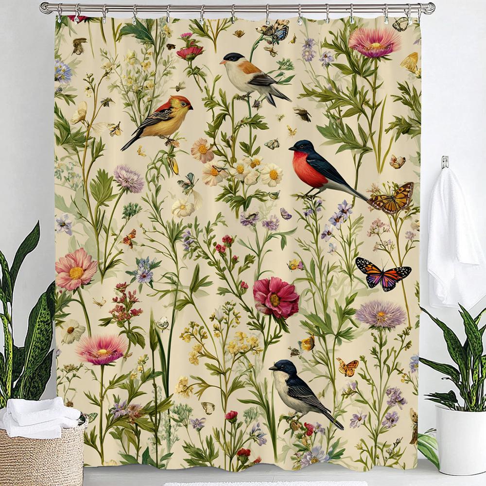 Vintage Botanical Print Floral Shower Curtain, Bathroom Decorative Shower Curtain, Waterproof Shower Curtain with Hooks