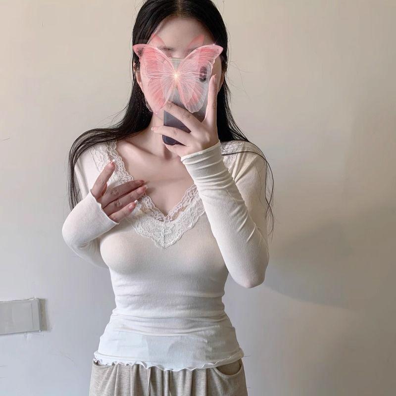 Damen Slim Fit Spitze Langarm Crop Top – Pure Desire Stil Frühling/Herbst Basisschicht