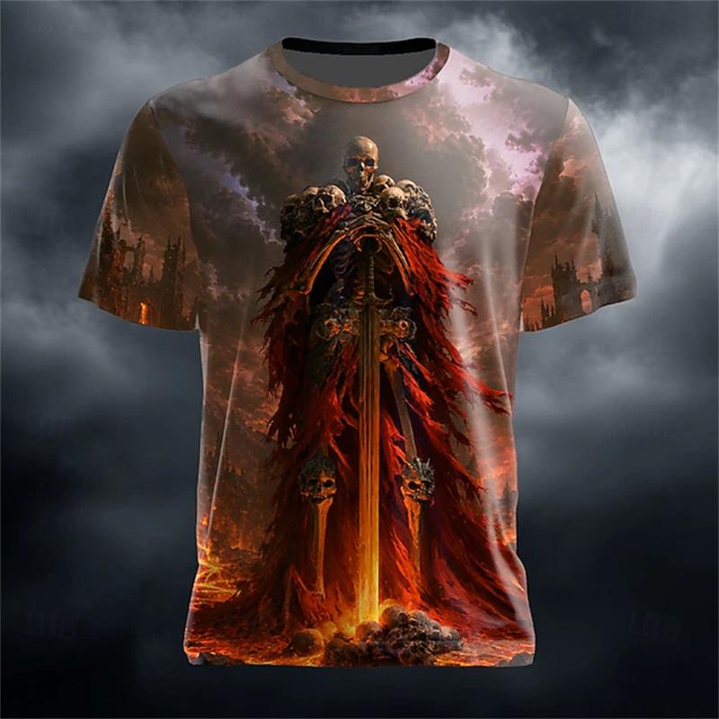 Halloween Men's Pumpkin Skull T-Shirt Short-Sleeve T-Shirt 3D-Printed Crew Neck Horror-Themed Men's Top Club Party Frenzy