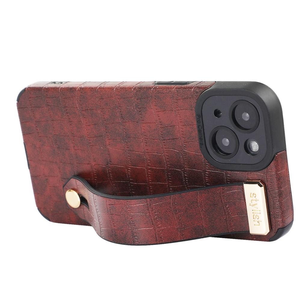 For iPhone 14 Plus Case Crocodile Texture Leather+TPU Phone Cover with Wristband Kickstand