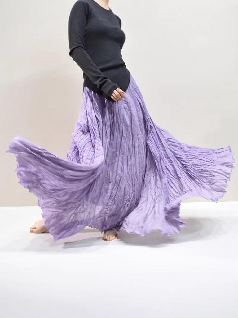 Autumn Plus Size Women's A-line Skirt - Pleated Forest Style, Cotton-Linen Texture, High Waist, Slimming, Long Hem