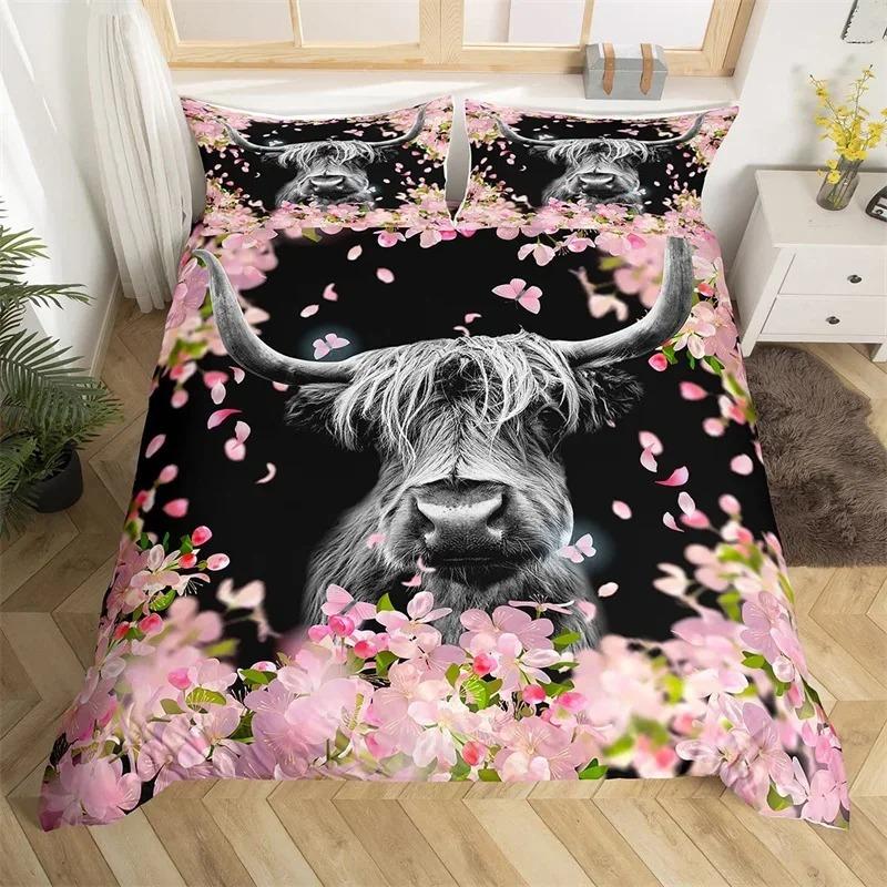 Highland Cow Duvet Cover King Queen Western Farm Animal Comforter Cover Microfiber Bull Cattle Floral Bedding Set For Kids Teen