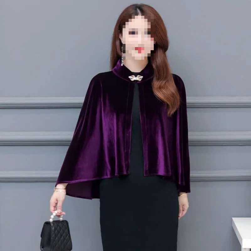 Gold Velvet Embroidered Shawl Coat & Qipao Set - Elegant Women s Fashion XL фиолетовый