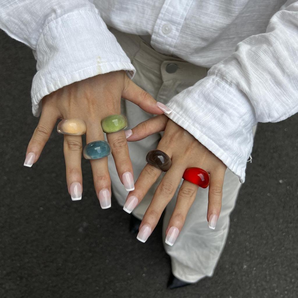Korean Simple Transparent Color Resin Rings Niche Retro Stacked Curved Acrylic Geometric Oval Wide Ring Charm Trendy Irregular Fashion Jewelry