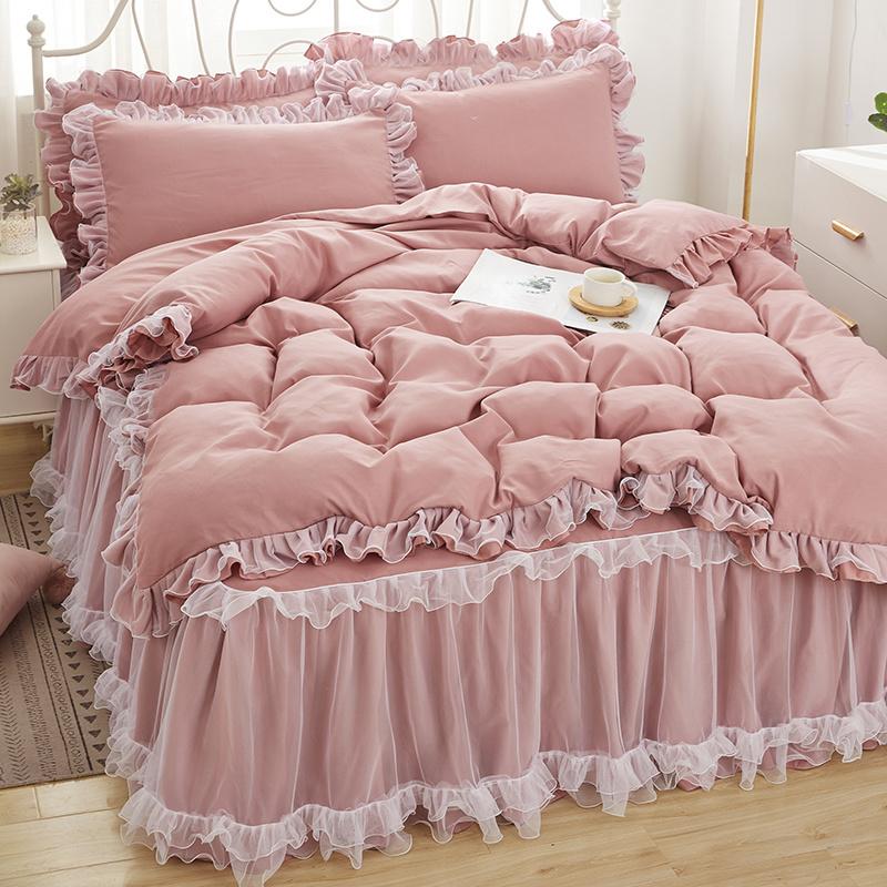 Princess Girl Pink Bedding Skirt Sheet With Lace Korean Solid Color Bed Cover Pillowcase Decor Bedroom Wedding Couple Bedclothes