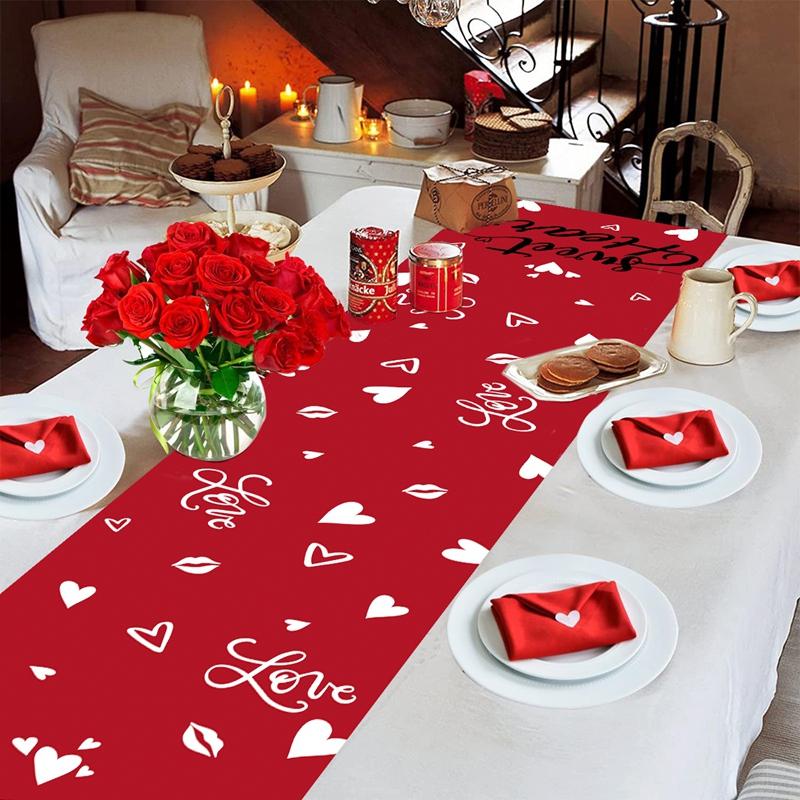 Valentine's Day Table Flag Polyester Sweet Heart Table Runner for Wedding Rose Home Kitchen Dining Table Decorations