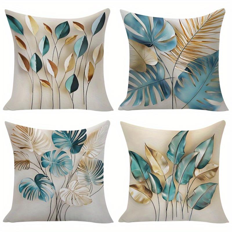 

4-piece Set, Tropical Leaf Pillow Covers, Blue, Green, and Gold Color Scheme, Home Decor Cushion Covers, Insert Not Included 35x35cm 4pcs