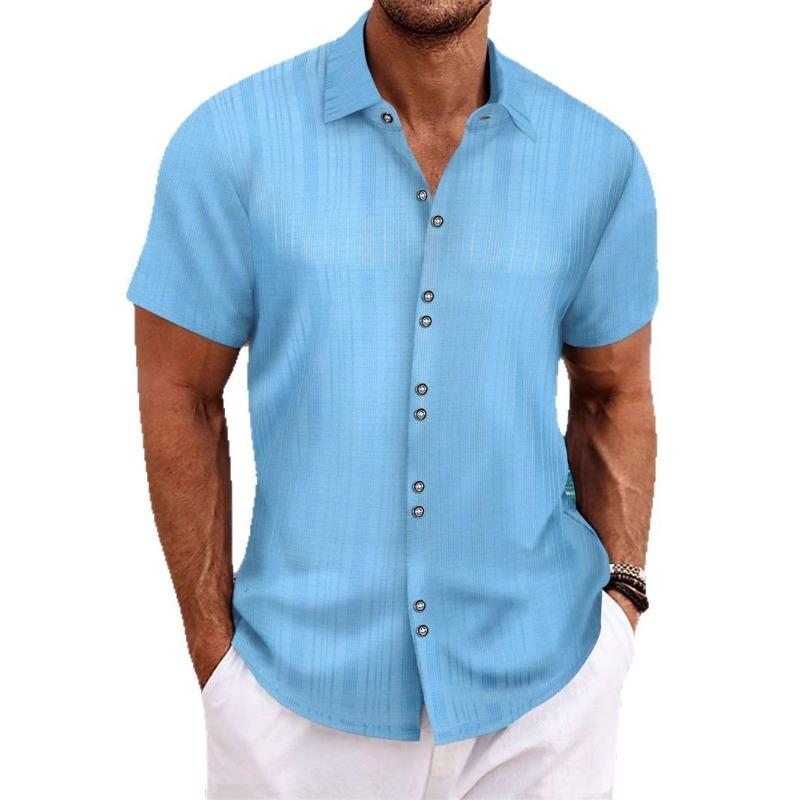 Mens Casual Loose Jacquard Striped Short Sleeve Button Down Shirt