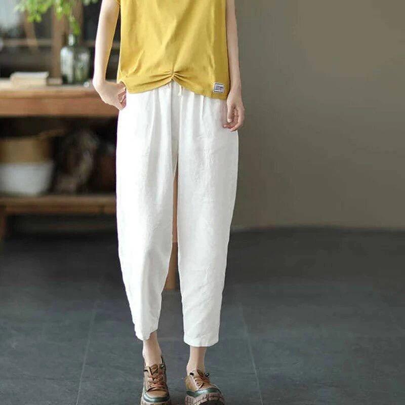 Literary Solid Color Casual Pants for Women Elastic Waist Slimming Casual Cropped Pants for Women Versatile Feet Drawstring Harem Pants for Women