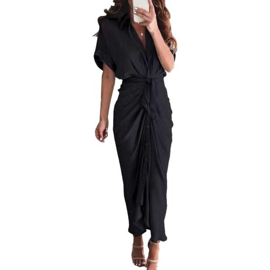 Office Lady Maxi Dress Turn Down Collar Ruched Solid Color Short Sleeve